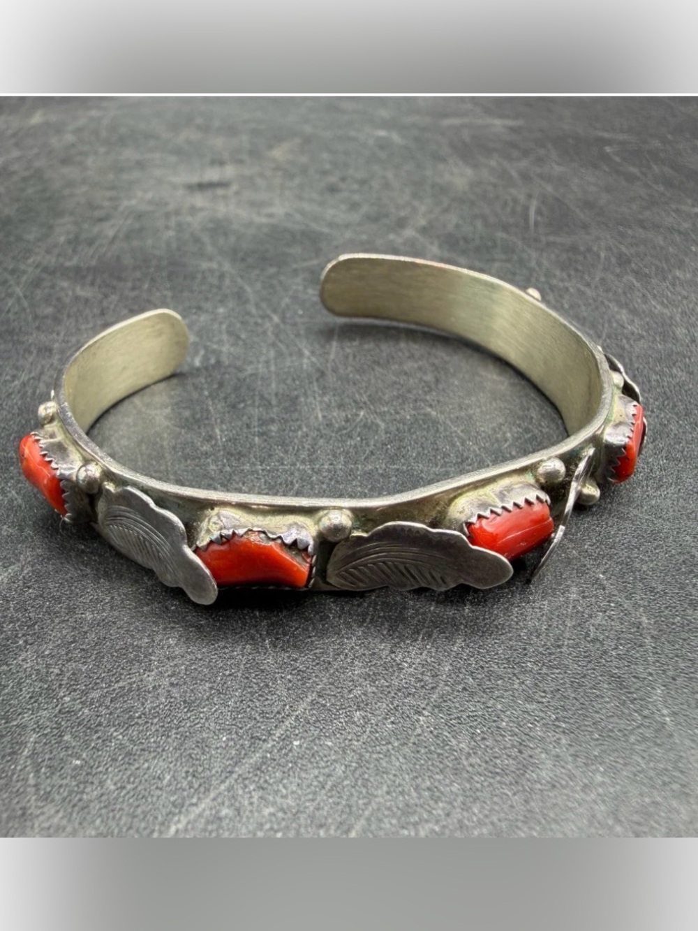 Vintage Navajo M. PAYTON Sterling Silver & Red Coral Cuff Bracelet 24.8g Signed